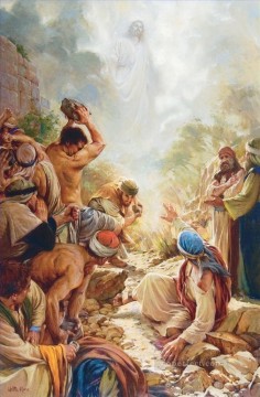 クリスチャン・イエス Painting - 人の子が神の右に立っているのが見えます カトリッククリスチャン